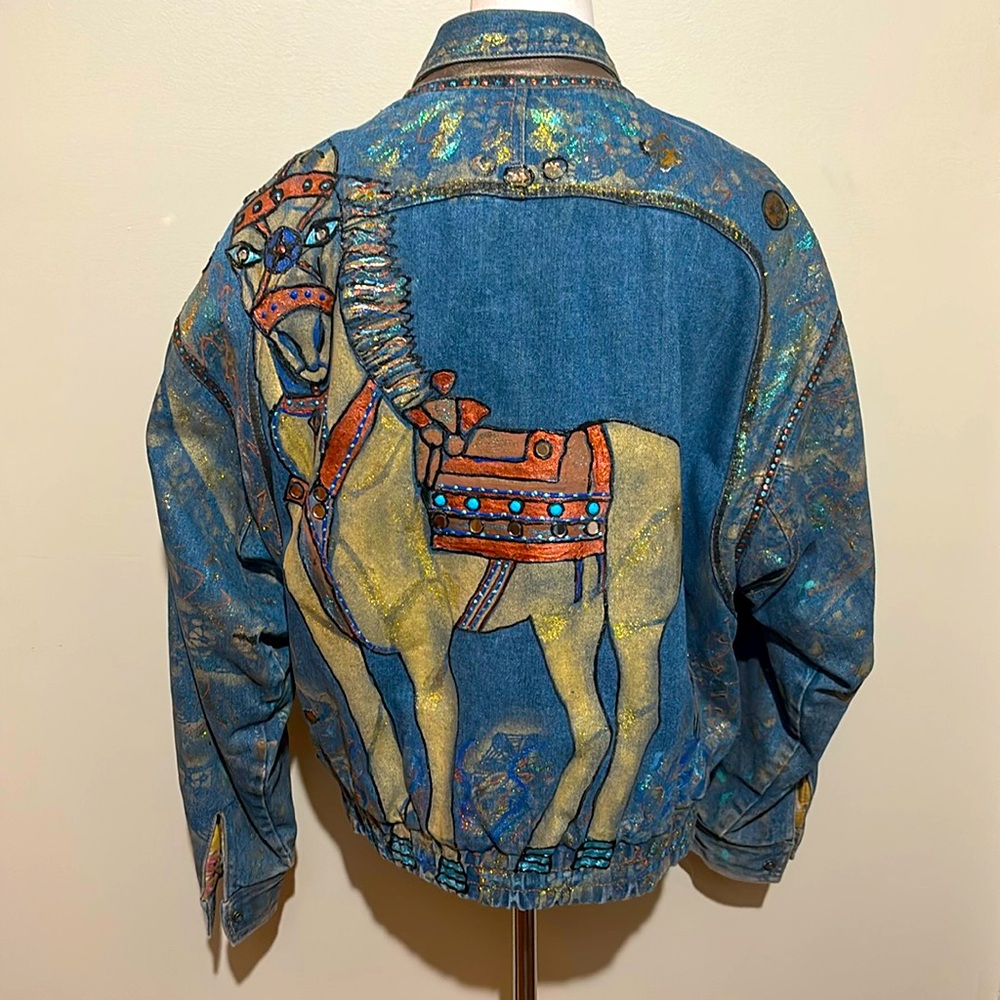 Unique Vintage Blue Jean Jacket with Horse Design Xlarge